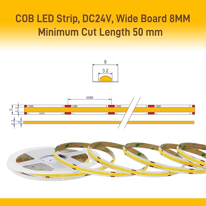 Pandery COB LED Strip Lights Cool White,24V Dimmable led Light Strip KIT with Remote and app Control,6000K 9.84FT/3m 8mmwide Ra>90 Cuttable Flexible Strip Lights for Bedroom,Wardrobe,Cabinet