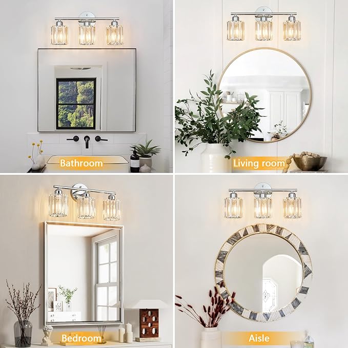 FDPBY Modern 3 Light Crystal Vanity Light, Chrome Vertical Bathroom Light Fixture Over Mirror for Dressing Table Sink, Compatible with Dimmable Bulbs (Bulbs Not Included)