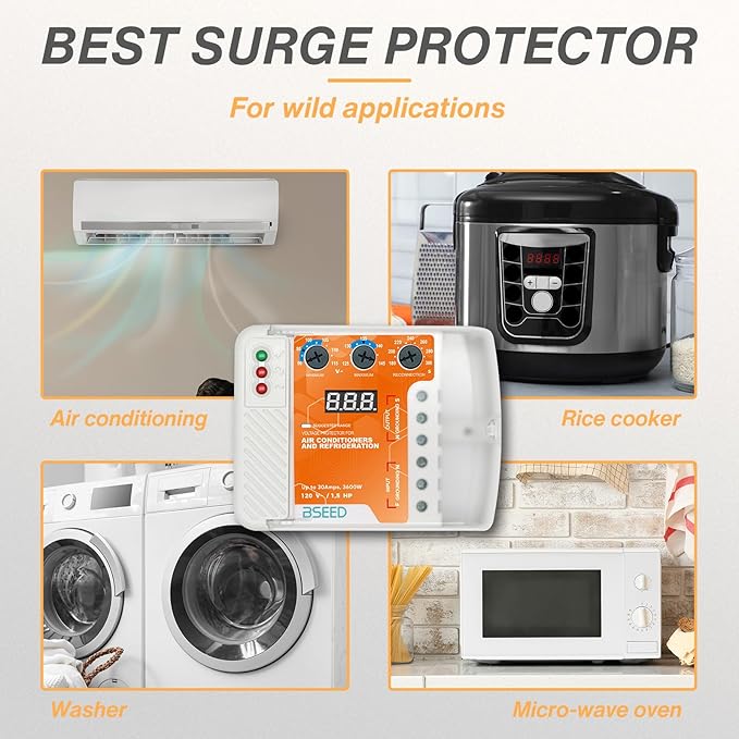BSEED Surge Protector, Voltage Regulator, Wiring Heavy Duty Power Surge Protector Outlet for Refrigerator, TV, Computer and Home Appliance, Adjustable, LED Display Screen, 120V, 30A, 3600Watts, 2 Pack