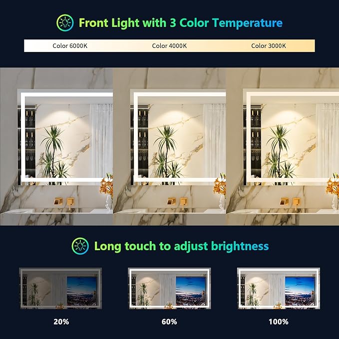 YEELAIT 60x36 Inch RGB LED Bathroom Mirror Front Light and RGB Backlit Lighted Vanity Mirror for Bathroom Wall Mounted Dimmable Anti Fog Memory Shatter-Proof IP54 Waterproof Horizontal/Vertical