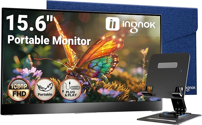 Ingnok Portable Monitor, Ultra Slim 15.6 Inch FHD IPS Laptop Screen Extender with Adjustable Stand, USB C Compatible, Ideal for Travel and Office