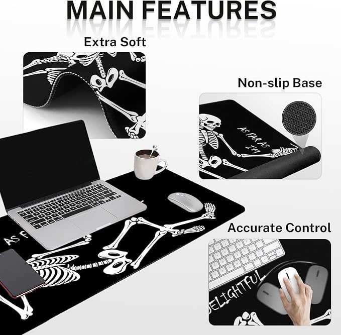 Britimes Black Skull Skeleton Keyboard Mouse Pad Set 4in1 Large Mousepad+Keyboard Wrist Rest+Mouse Wrist Rest+Coaster Set with Ergonomic Design for Home Office Computer 35.4x15.7 inches