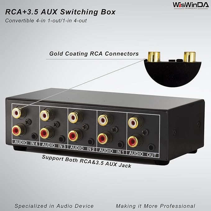 4-in 1-Out RCA 3.5mm AuxAudio Switch Box Audio Converter 4 Channels 1-in 4-Out Passive Audio Selector Switcher Box Connectors (RCA+AUX 4IN-1OUT/1IN-4OUT)