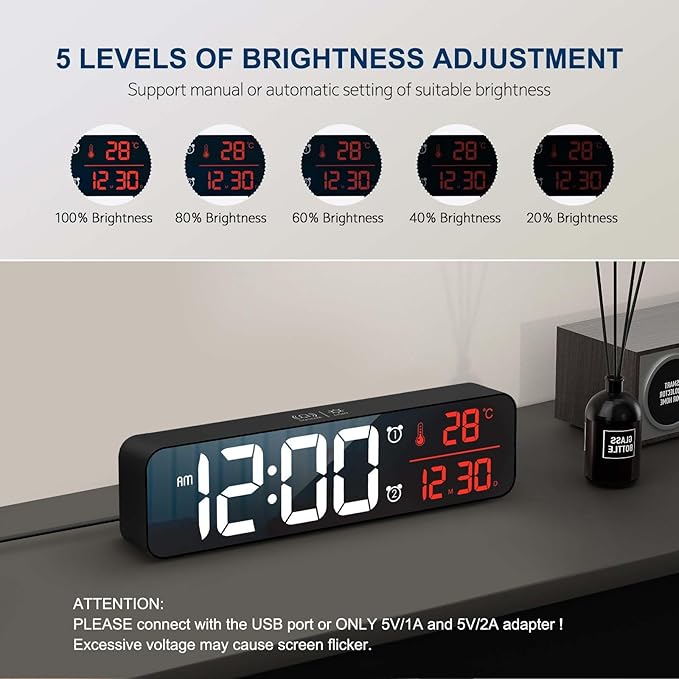 Hournor Digital Clock for Bedroom, Digital Wall Clock for Living Room Decor, Desk Table Clocks, Digital Clock Large Display, Bedroom Smart Alarm Clock for Office Red