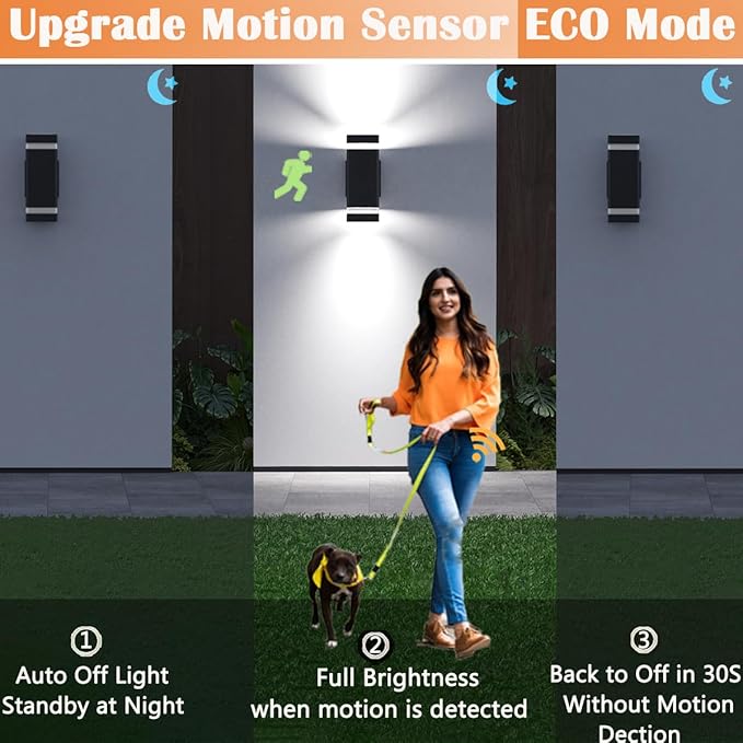 rosykite Motion Sensor Outdoor Wall Lights, Dusk to Dawn Exterior Light Fixtures with 3 Modes, Modern Up Down Wall Sconce, Waterproof Aluminum Porch Light for Garage, Patio, Front Door – Matte Black