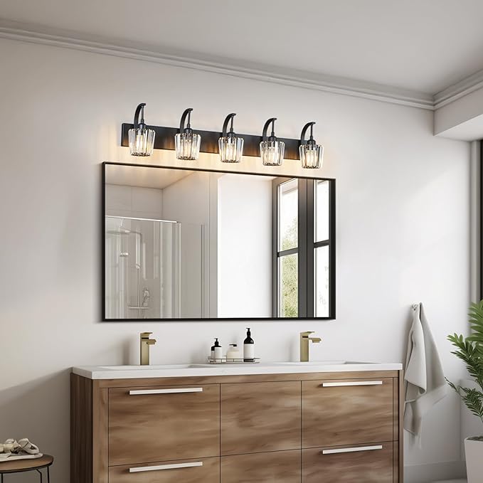 FDPBY Modern Bathroom Vanity Light, 5-Light Black Wall Sconce with Crystal Accents, Over Mirror Bathroom Lighting Fixture, 42.51" Long Dimmable Vanity Lamp for Makeup, Easy Installation