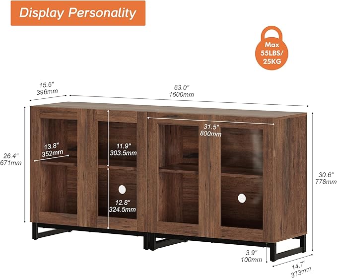 WAMPAT 63 Inch TV Stand with Glass Doors for 32-70 inch TVs, Modern Entertainment Center TV Console with Adjustable Shelves for Living Room, Bedroom, Brown