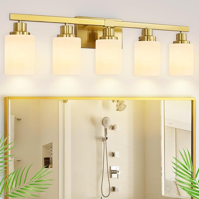 DIKAIDA Gold Bathroom Light Fixtures, 5-Light Modern Brushed Gold Vanity Lighting Fixtures for Bathroom Over Mirror, 30" Gold Sconces Wall Lighting for Bedroom Hallway Living Room