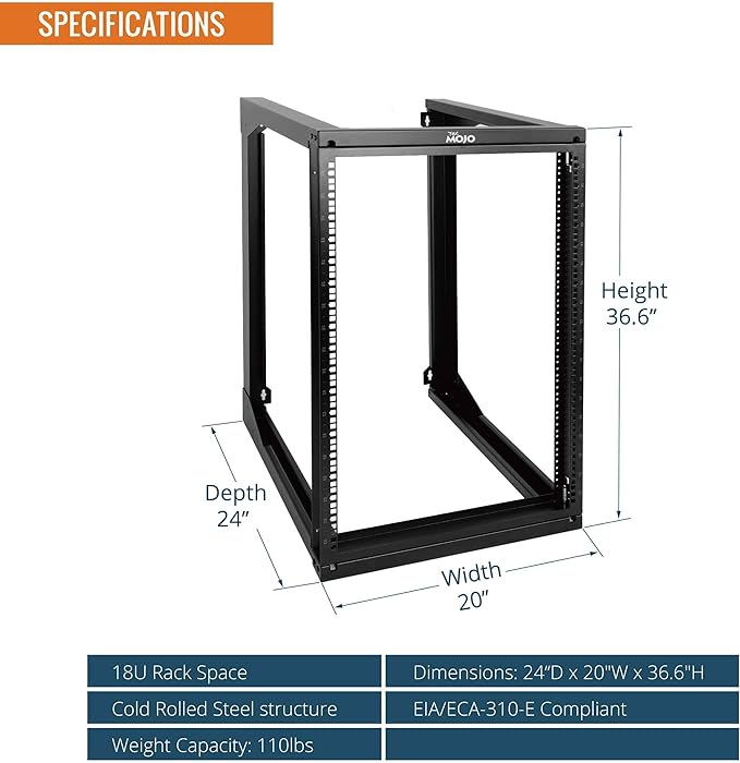 Tecmojo 18U Wall Mount Server Rack, Open Frame Network Rack for 19" Computer/AV/Data/IT/Media Equipment, 24" Depth, 16" Apart Mounting Holes, Swing Gate, Square and Tapped Holes