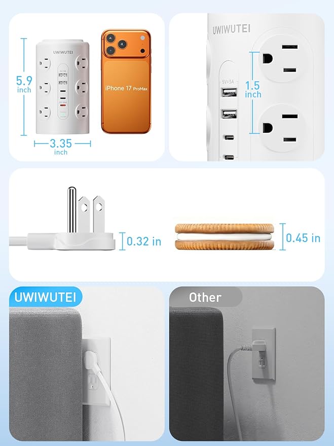 Tower Power Strip with 1 Dedicated PD 20W Fast-Charging Port, 12 Outlets, 5 USB Ports (3 USB-C), 1800J Protector, Desk Charging Station for Multiple Devices, 6FT Extension Cord, Home Office Essentials