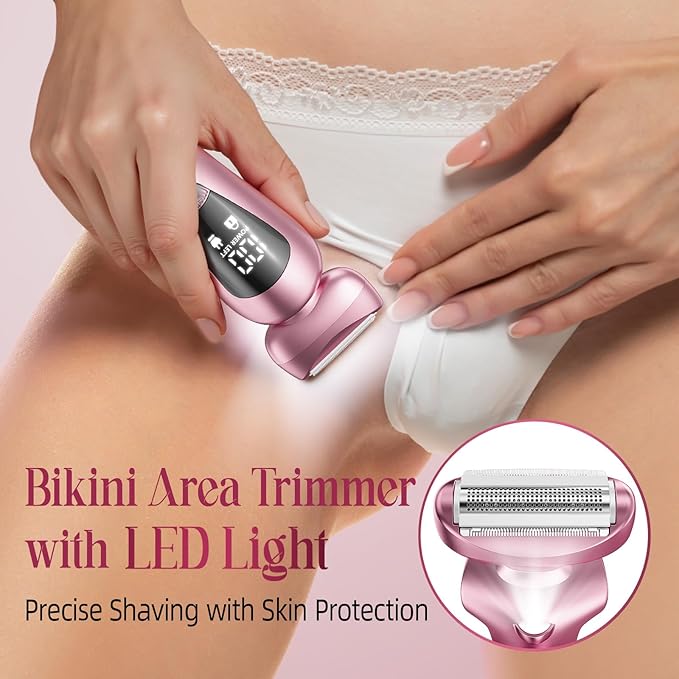 rategist Cordless Electric Razors for Women: Rechargeable Painless Bikini Trimmer for Body Hair - IPX7 Waterproof Shaver with LED Display for Face/Underarm/Leg Light Pink