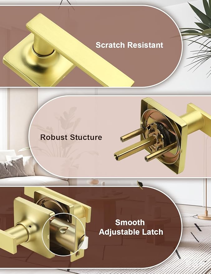 Mengico 1 Pack Passage Door Levers Gold Finish, No-Locking Keyless Square Door Knob, Interior Door Handles for Closet and Hallway, Reversible for Left & Right Handed