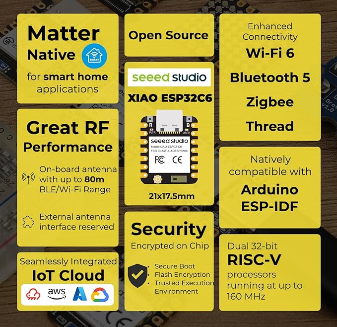 Seeed Studio XIAO ESP32C6-2.4 GHz WiFi 6, Bluetooth 5.3, Zigbee, Thread (802.15.4), ESP Rain Maker, AWS IoT, Support Microsoft Azure, Smart Home