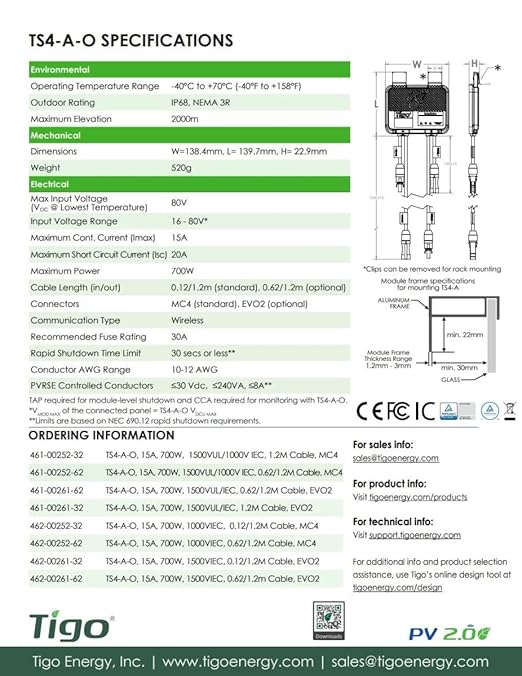 Tigo TS4-A-O Module Add-On Rapid Shutdown, Optimization, 1500V UL/1000TUV, 1.2M Cable, MC4 Genuine Connectors, Part No. 461-00252-32