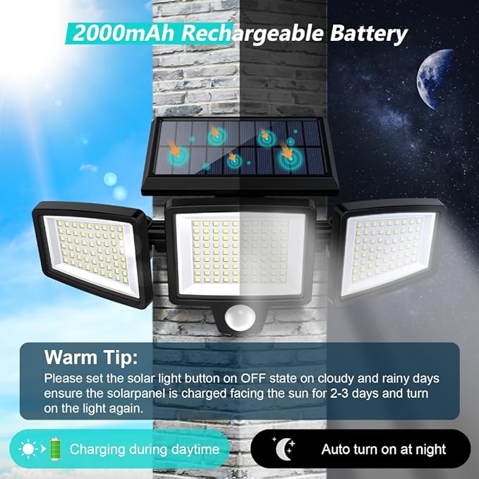 Tuffenough Solar Outdoor Lights 2500LM 210 LED Security Lights with Remote Control,3 Heads Motion Sensor Lights, IP65 Waterproof,270° Wide Angle Flood Wall Lights with 3 Modes(4 Pack)