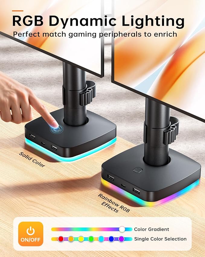 RGB Single Monitor Desk Mount, Monitor Arm with 3 USB Ports, Charging and USB Data Transfer Function, Desk Mount for 13"-27" Monitors up to 17.6lbs, Adjustable Height, Tilt, Swivel, Rotate