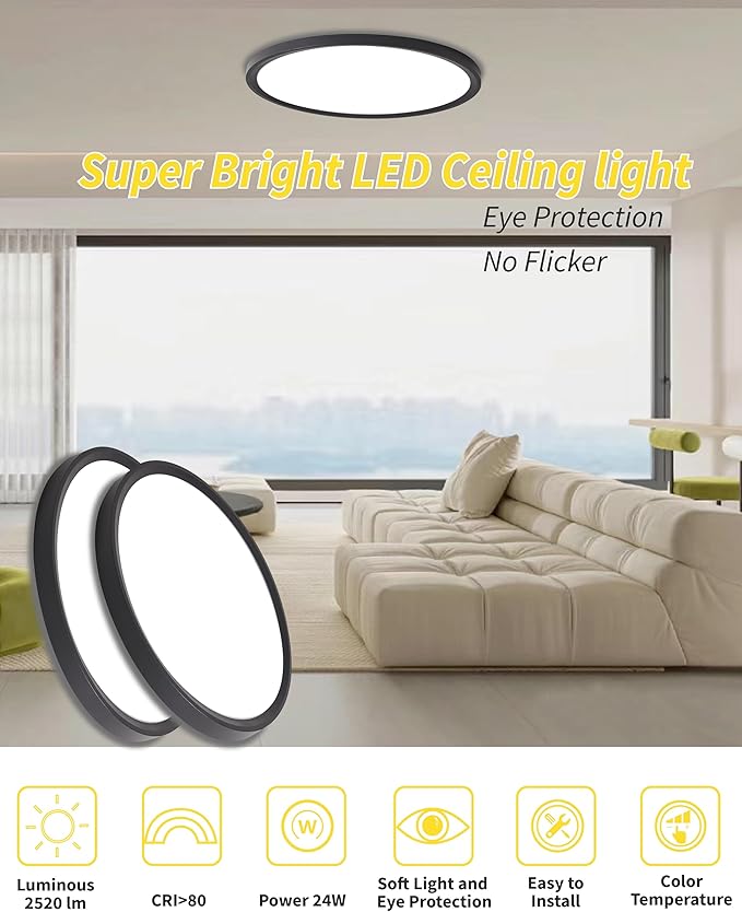 Led Flush Mount Ceiling Light,12 Inch 24w 2520lm Round,3000k,4000k,6000k CCT Selectable,Flat Panel Super Slim Led Ceiling Light Fixture,for Living Dining Kitchen Bedroom Room (12Pack-Black)