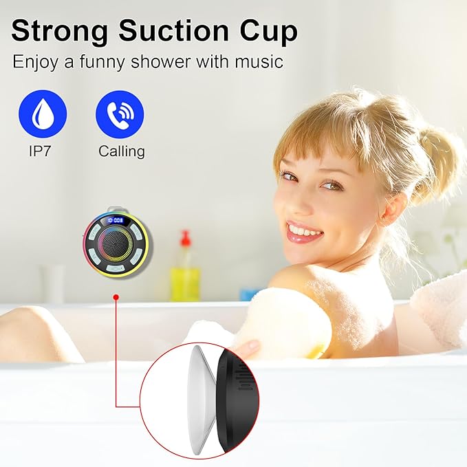 IPX7 Waterproof Shower Bluetooth Speaker, Portable Small Speaker with Suction Cup and Time Display, Loud Crystal Sound & Bass 10H Playtime 1100mAh, Wireless Shower Speakers for Pool, Beach Gift Cyan
