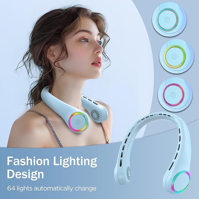 GULAKI Portable Neck Fan, Personal Fan with 4000mAh Battery, Rechargeable Neck Fan with 3 Speeds and 64 Cool Lights, Birthday Gifts for Men Women Mom Dad, Hands Free Cooling fan for Summer(Blue)