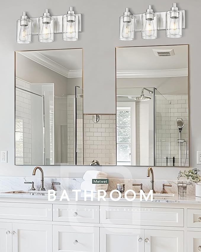 METWET 3-Light Bathroom Light Fixtures, Brushed Nickel Vanity Light with Cylinder Clear Glass Shade, Modern Vanity Lighting Fixtures Over Mirror, VL143-BN-3