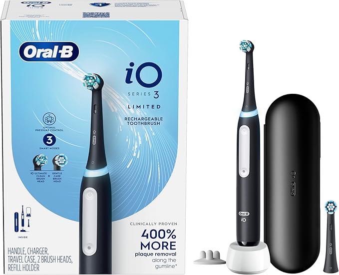 Oral-B iO Deep Clean Rechargeable Electric Toothbrush, Black, iO Series 3 Limited, 2 Brush Heads, Travel Case, Pressure Sensor, 3 Cleaning Settings