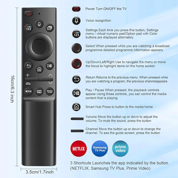BN59-01357A Solar Voice Remote for Samsung TVs - Compatible with Frame/Neo QLED 4K/8K UHD Smart TVs (VG-TM2180ES/ZA), 3 App Shortcuts & Solar Charging