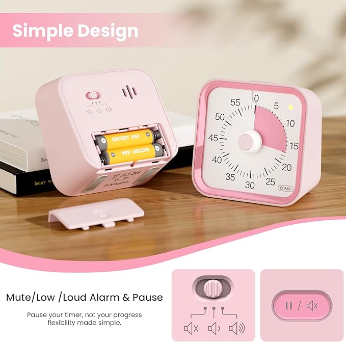 InfPokid Visual Timer for Kids with Pause Function, 60 Minute Countdown Timer for Kids Desk Study, Teaching, Kitchen Cooking, Office Meetings, Time Management for ADHD (Pink)