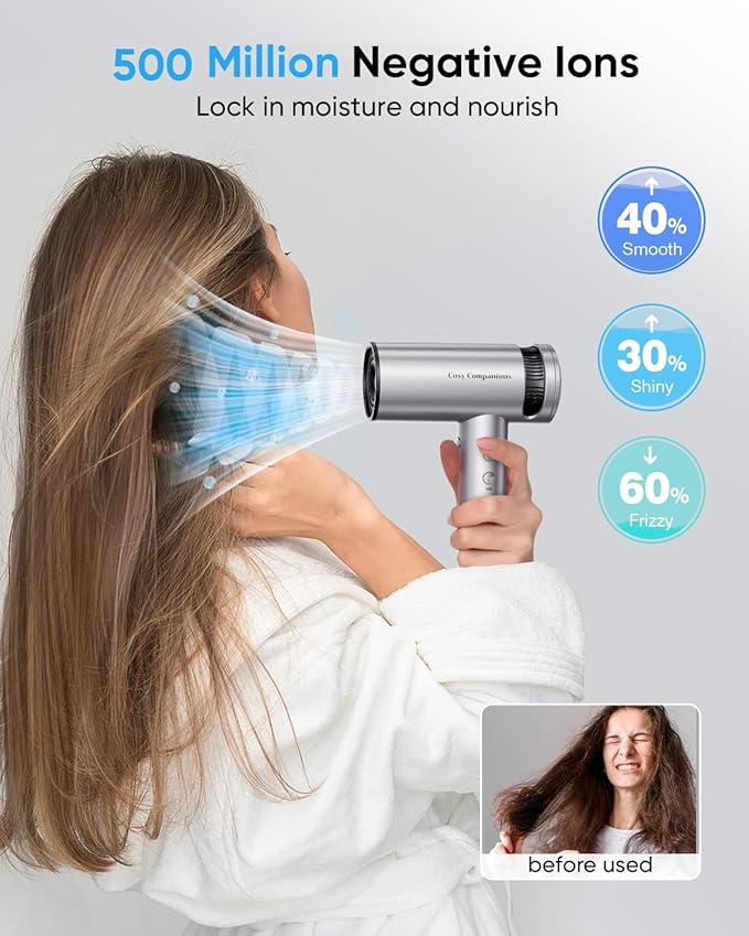 Cosy Companions Hair Dryer - High-Speed 150,000 RPM Hairdryer for Fast Drying, 500Million Negative Ionic & Thermo-Control & Cool Shot Button & HD Display Blow Dryer with Magnetic Diffuser & Nozzle