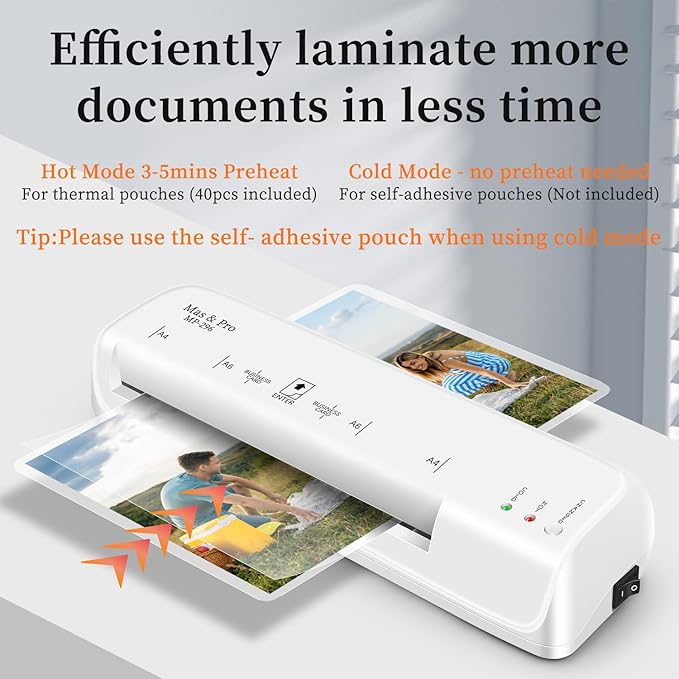 Mas & Pro Thermal Laminator Machine 9 Inch with 40 Laminating Sheets, Hot & Cold, Anti-Jam, Fast Warm-Up, 2-Roller, Portable for Home Office School, Letter Size/A4/A5/A6/Photo/Document, White