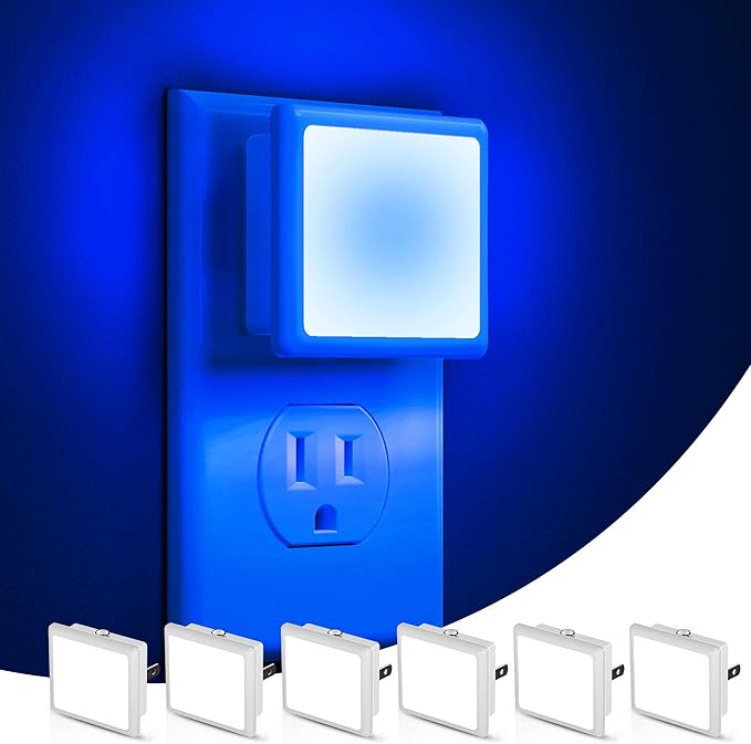 L LOHAS LED Blue Night Lights Plug into Wall 6-Pack, 0.3W Plug in Night Light, Dusk to Dawn, Bright Nightlight Auto-On/Off, for Adults Kids Room Bedroom Bathroom Hallway Kitchen, Non-Dim
