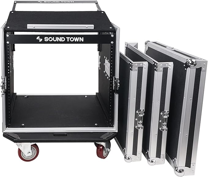 Sound Town High-Quality 1/2” (12mm) Plywood 10U PA DJ Pro Audio Rack/Road ATA Case with 11U Slant Mixer Top, Locking Drawer, 20’’ Rackable Depth and Casters (STMR-10D2)