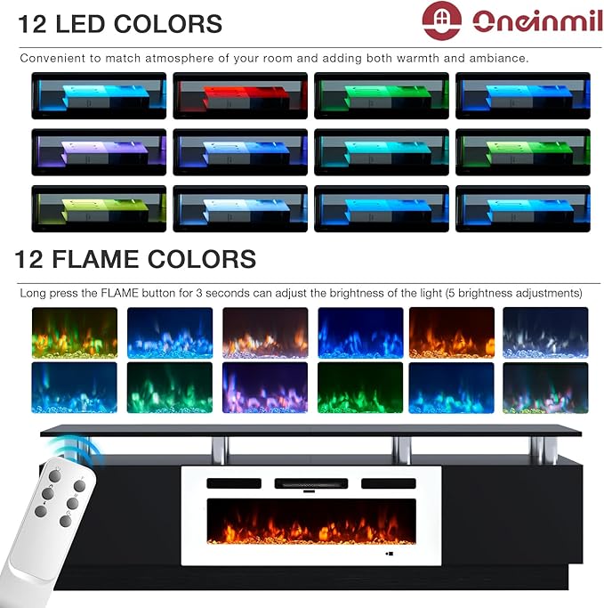 oneinmil Fireplace TV Stand with 36” Electric Fireplace, 80” 2 Tier TV Console Stand for TVs Up to 90", LED Light Entertainment Center, Fireplace for The Living Room TV Stand, Black