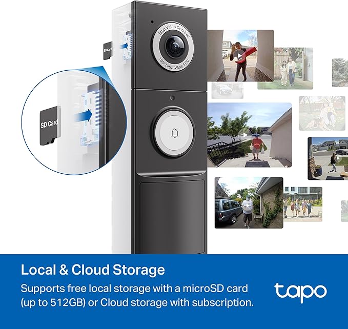 Tapo by TP-Link Smart Video Doorbell Camera with Chime, Battery or Wired, 2K QHD Color Night Vison, No Monthly Fee, 180° Ultra-Wide Head-to-Toe View, Ring Call, Free AI Detection, Local Storage (D225)