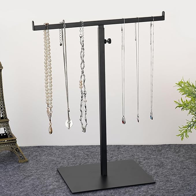 MCKECHSION Display Stand Stainless Steel Jewelry Towers Bag Stand Tabletop Double Hook Hanging Jewelry Stands for Necklaces Organizer Stand Adjustable Height Home Store Boutique, Black