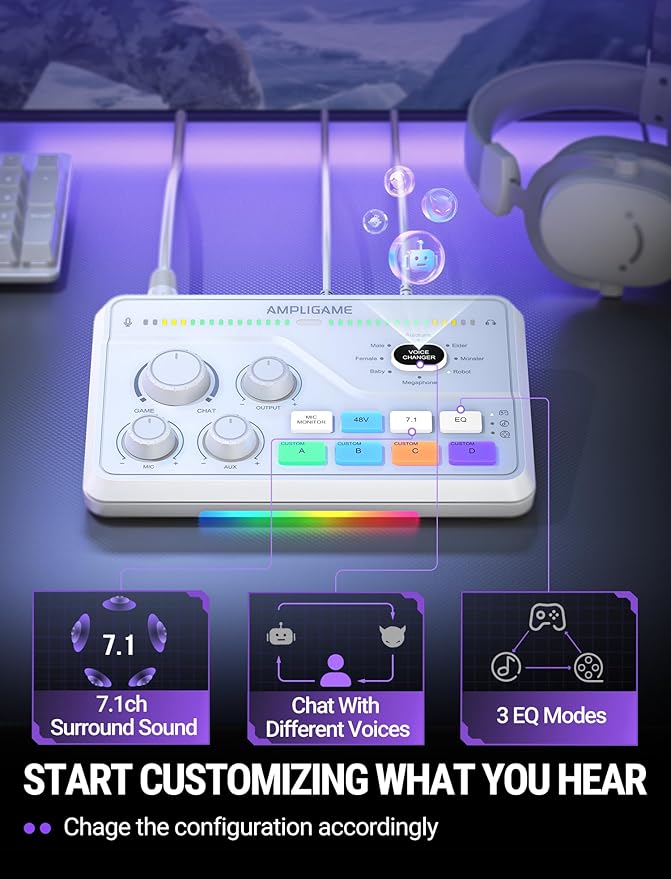 FIFINE Audio Mixer for Gaming with 7.1ch Surround Sound-Volume Knob-Mute-Voice Chat, RGB Computer Mixer with XLR Mic Interface Compatible wtih TV for Live Streaming-AmpliGame SC8W