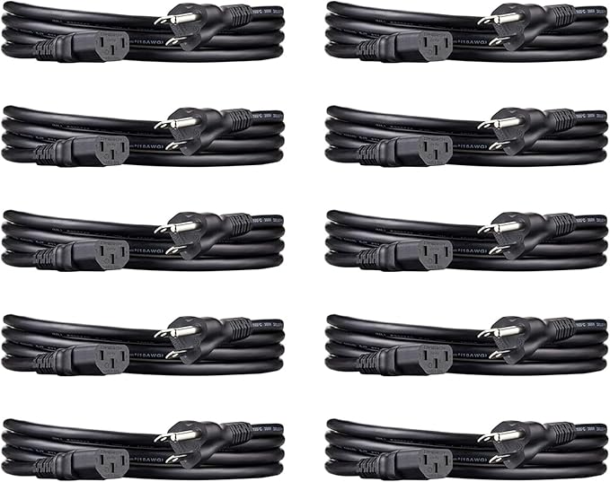 Amazon Basics PC Power Cord, 6 feet, 10-Pack, AC Power Cord for Monitor, Computer, TV, 3 Prong, 18 AWG, 125 Volts, Black