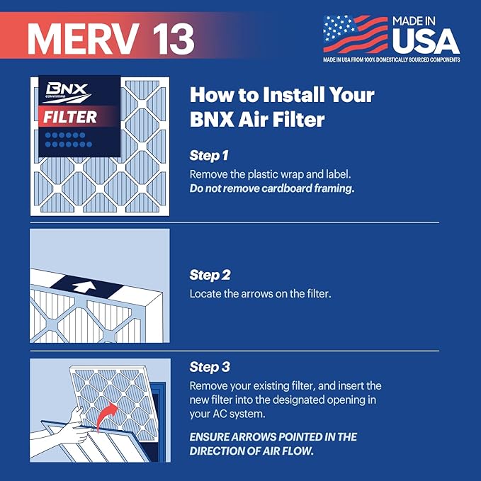 BNX TruFilter 14x20x1 MERV 13 (12-Pack) AC Furnace Air Filter - MADE IN USA - Electrostatic Pleated Air Conditioner HVAC AC Furnace Filters - Removes Pollen, Mold, Bacteria, Smoke