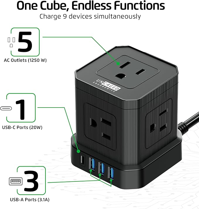 Cube Power Strips with Surge Protection, 6ft Extension Cord with Multiple Outlets, 5 Ac Plugs, 3 USB, 1 Usbc Fast Charging Power Strip with USB Ports, Mountable On/Off Switch Charging Station