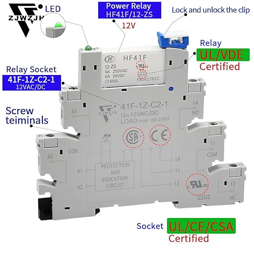ZJWZJH Miniature Power Relay 12V DC/AC HF41F/12-ZS 5 Pin 1NO 1NC 6A SPDT, Socket Base with LED Indicator 41F-1Z-C2, with DIN Rail, 3Pcs Electromechanical Relays