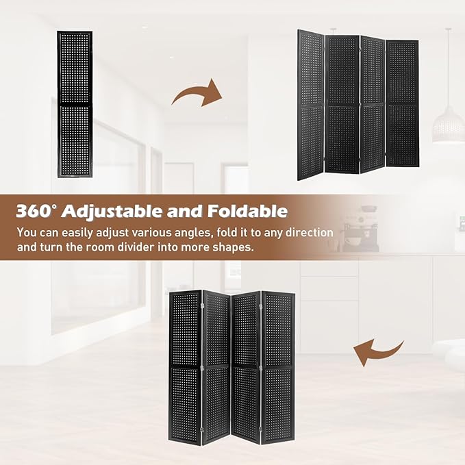 ECOMEX 4 Panel Room Divider, 5.6Ft Pegboard Display Wooden Room Divider Folding Privacy Screen Room Divider Freestanding Peg Board Display for Trade Show Craft Show Home Wall Organizer, Classic Black