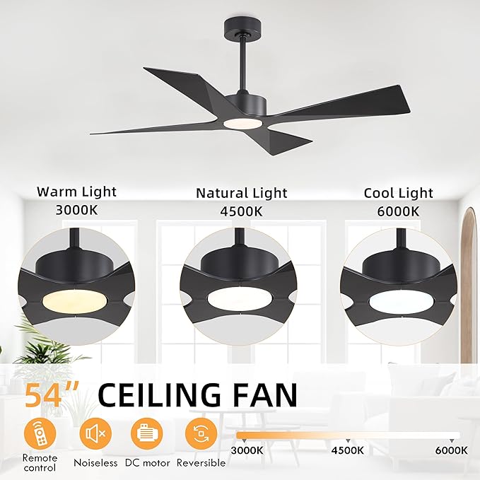 WINGBO 54" Wet Rated Outdoor Ceiling Fan with Lights, 4 ABS Plastic Blades, Reversible DC Motor, 6-Speed Remote Control, 3 CCT, Waterproof Ceiling Fan for Patio Porch Gazebo Garage, Matte Black