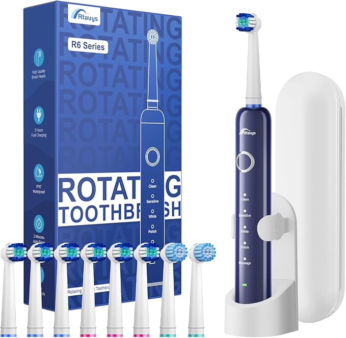 Rtauys Rotating Electric Toothbrush for Adults with 8 Brush Heads (2 Types), 5 Modes Rechargeable Power Toothbrush with Travel Case and 2 Minute Smrte Timer
