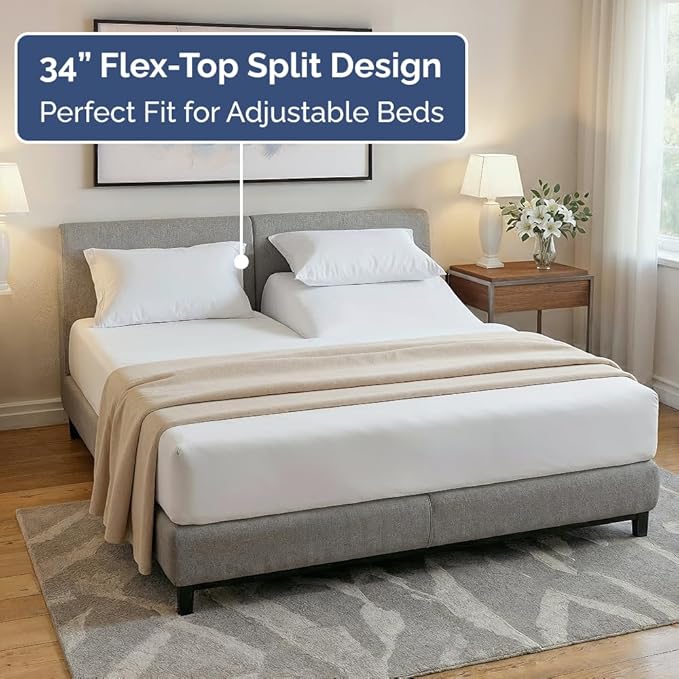Split Head King Sheets Set – Top Split King Sheets for Adjustable Beds, Easy-Fit Split Head King Mattress - Flex Split Top King Sheets, Easy-Fit, Breathable, Deep Pocket Split King Sheets Set - White