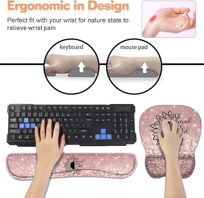 Mouse Pad Wrist Support and Keyboard Wrist Rest Set with Coasters, She Believed She Could So She Did Inspirational Quote with Non-Slip PU Base Ergonomic Mousepad for Home Office Working Studying