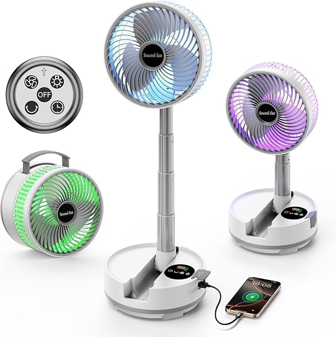 Socool 20000mAh Portable Fan Foldable Wireless Battery Rechargeable with 8-Speed & 112H, 90° Osciliating Floor Standing Fan Remote, Desk Fan with 8H Timer & LED Light for Home Kitchen Travel Camping