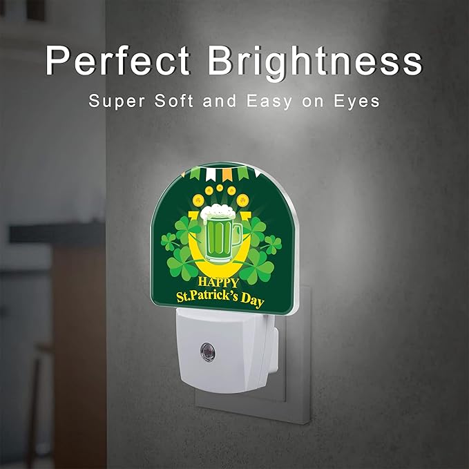Happy St. Patrick's Day Night Light for Kids,Clover and Green Beer Night Light Plug in with Dusk to Dawn Sensor, 0.5w Energy Saving Sleep Friendly Nightlight for Hallway Stairway Kitchen Bedroom