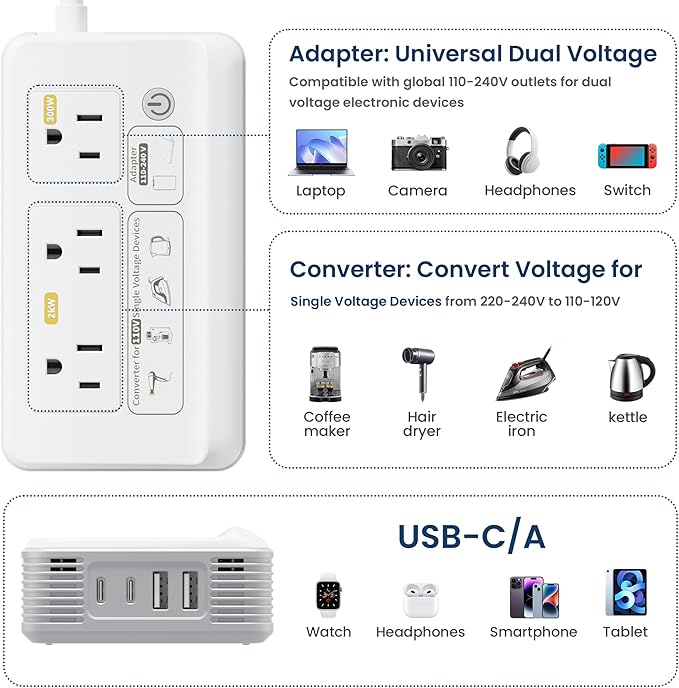 Mapambo 2000W Voltage Converter US to Europe, 7 in 1 Converter for European Travel for Hair Dryer, Kettles, Coffee Makers and etc. 220v to 110v Converter for International Travels