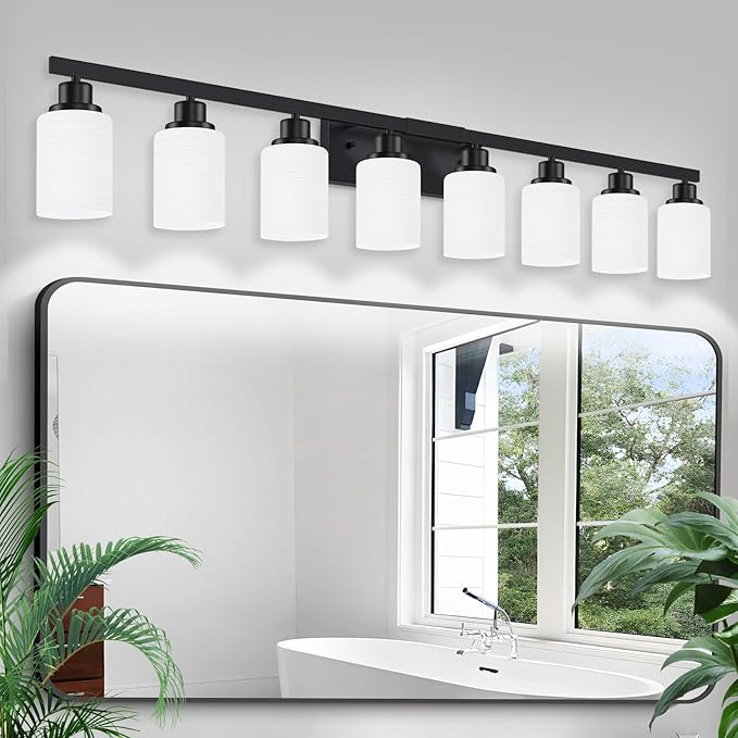 DIKAIDA 8-Light Bathroom Light Fixtures Over Mirror, 52inch Modern Matte Black Vanity Lights with White Frosted Glass Shade, Bathroom Wall Lamp Sconces for Mirror Bedroom, Living Room Hallway