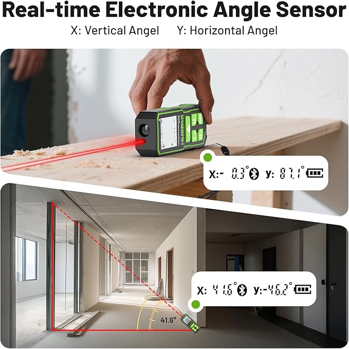 Huepar Laser Distance Measure 395Ft. Digital Rechargeable Laser Measuring Tool with Bluetooth -Phone APP, Angle Sensor, 1/16in Accuracy, M/in/Ft Unit, Pythagorean Mode, Measure Distance, Area, Volume