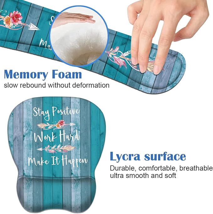 Mouse Pad Wrist Support and Keyboard Wrist Rest Set with Coasters, Stay Positive Work Hard and Make It Happen Inspirational Quote Non-Slip PU Base Ergonomic Mousepad for Home Office Working Studying